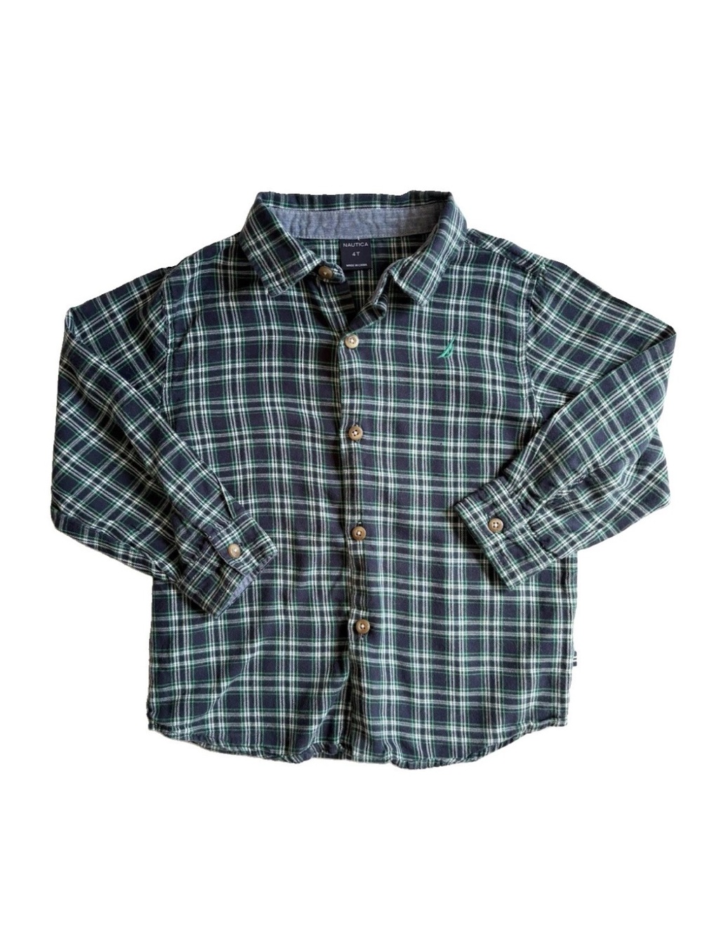 Nautica Boys' 4T Navy and Green Plaid Button-Down Shirt Flannel Christmas